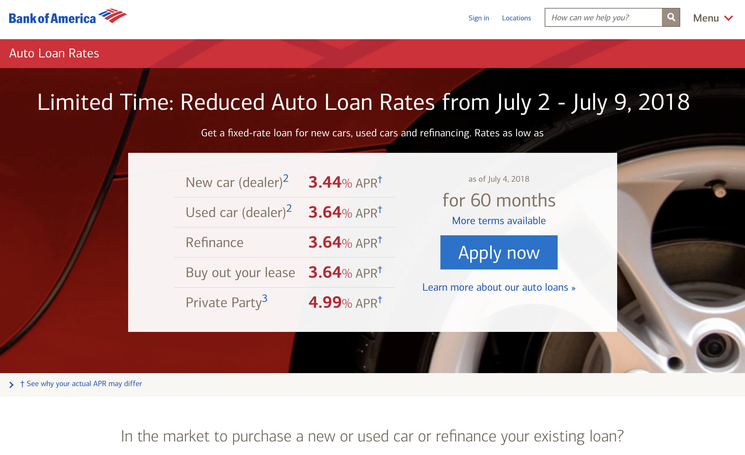 bank of america auto loan website screen capture