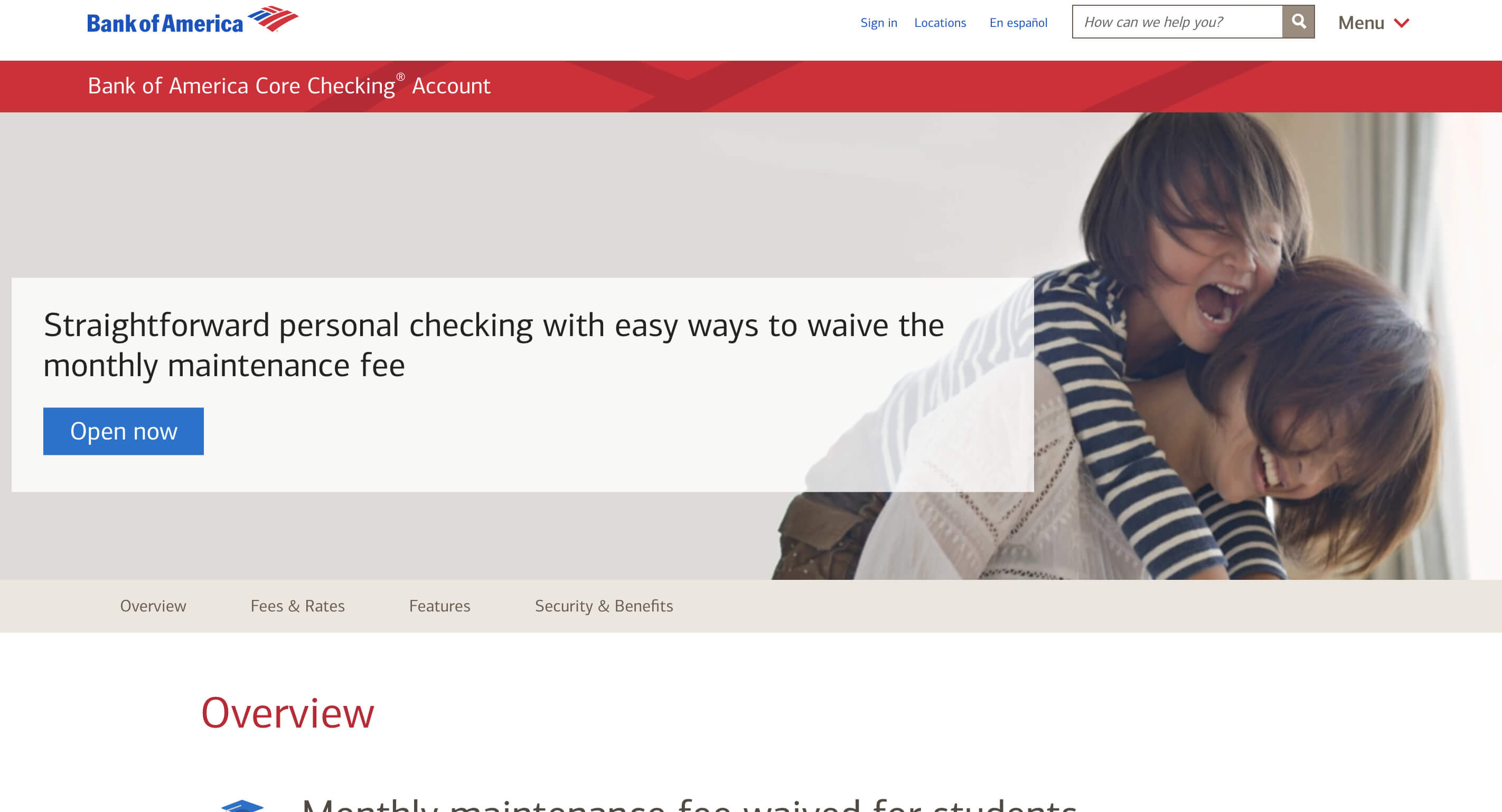 bank of america core checking website screen capture