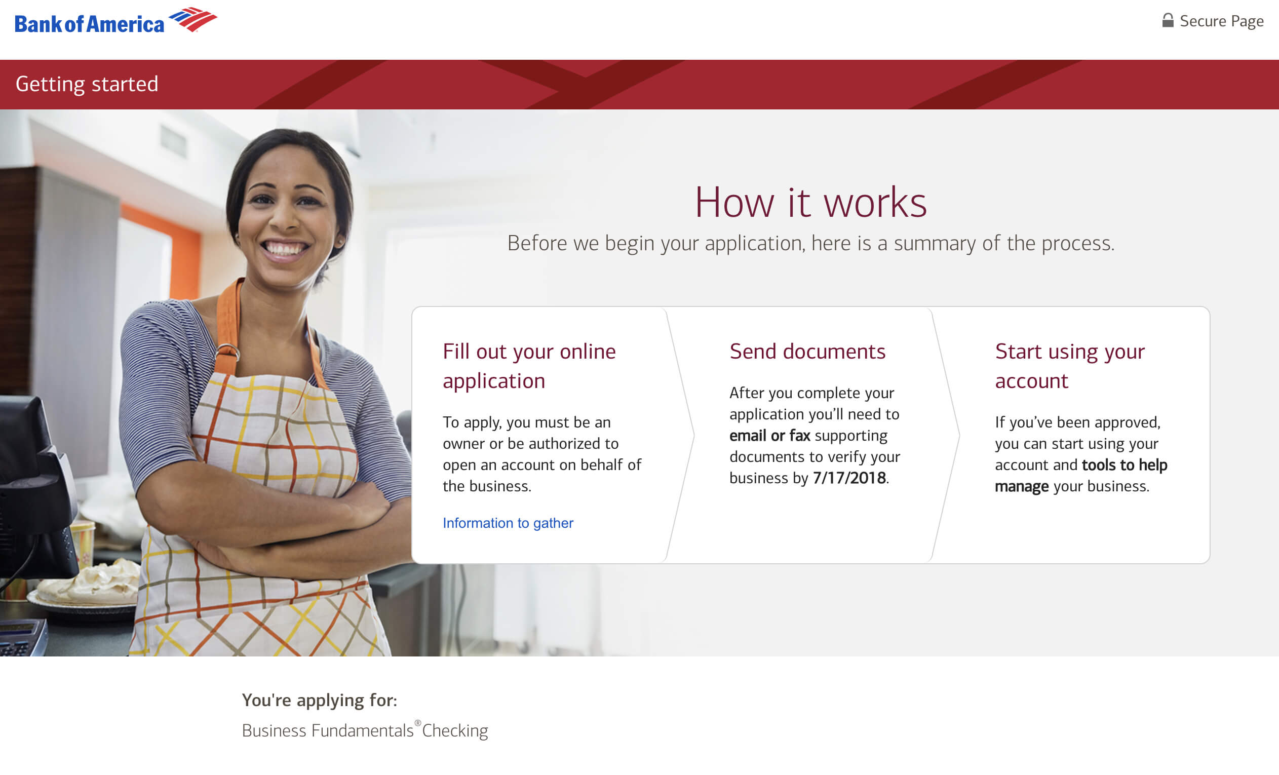 bank of america small business application website screen capture